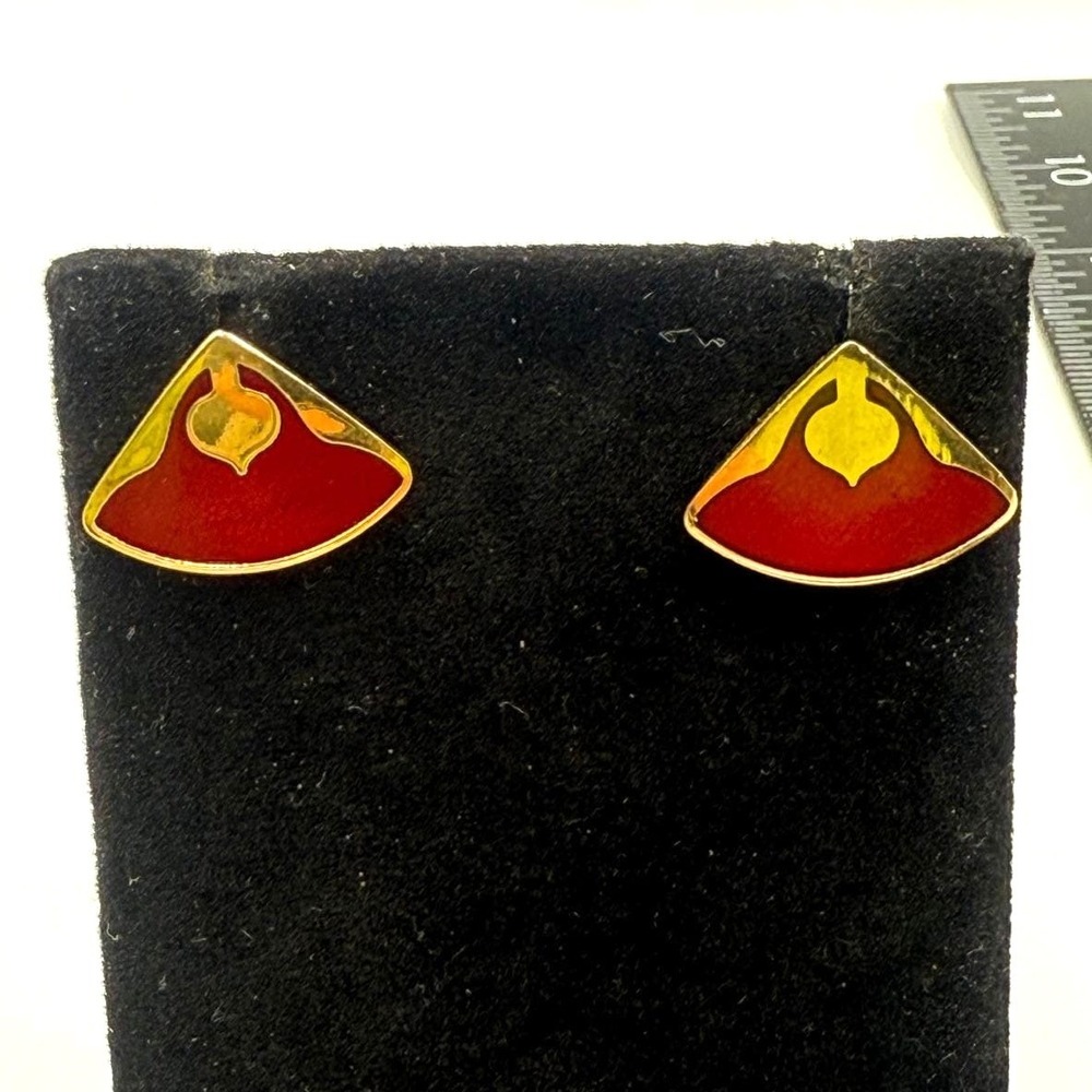 Vintage Red Enamel Goldā Tone Fan Stud Earrings Signed